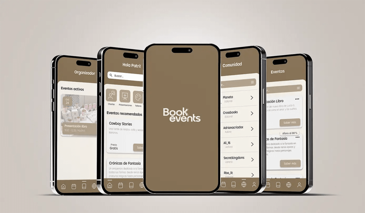 Mockup de cinco móviles mostrando pantallas de Bookevents con la pantalla de marca centrada, de Patricia Serrano, alumna de UX/UI/Web en TRAZOS