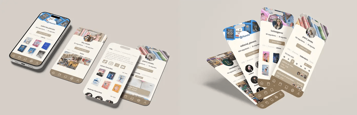 Mockup de varias pantallas de perfiles de usuario de la app Bookevents, de Patricia Serrano, alumna de UX/UI/Web en TRAZOS