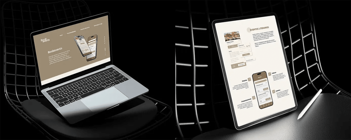 Mockup de la web de Bookevents en portátil y de la versión en tablet sobre silla negra, de Patricia Serrano, alumna de UX/UI/Web en TRAZOS