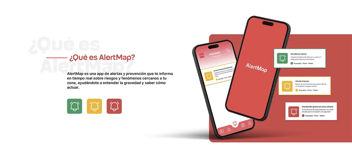 Diapositiva que es AlertMap, app de alertas y prevención de riesgos en tiempo real con niveles de gravedad, de Patricia Serrano, alumna de UX/UI/Web en TRAZOS