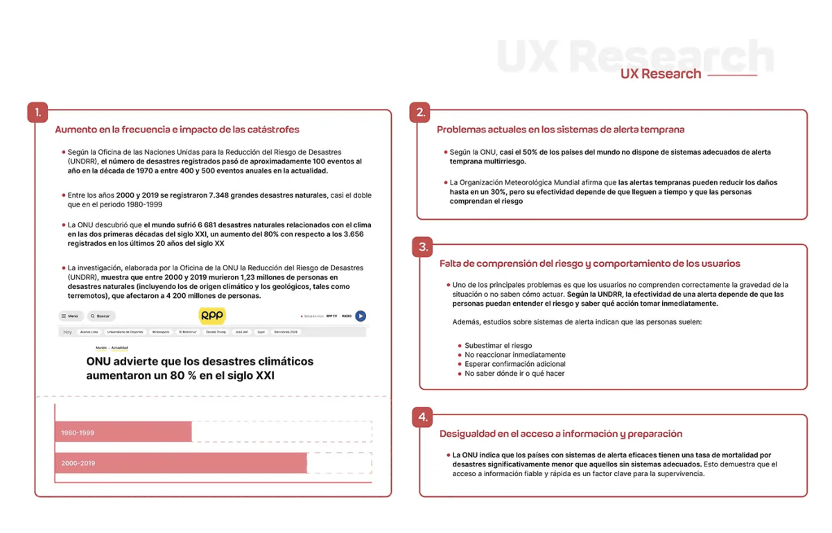 Diapositiva de UX research de AlertMap sobre el aumento de catástrofes y los problemas de los sistemas de alerta temprana, de Patricia Serrano, alumna de UX/UI/Web en TRAZOS