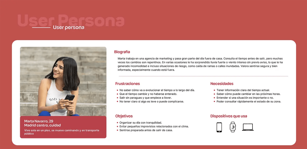 User persona Marta Navarro (29 años, Madrid) del proyecto AlertMap con biografía, frustraciones, necesidades y objetivos, de Patricia Serrano, alumna de UX/UI/Web en TRAZOS