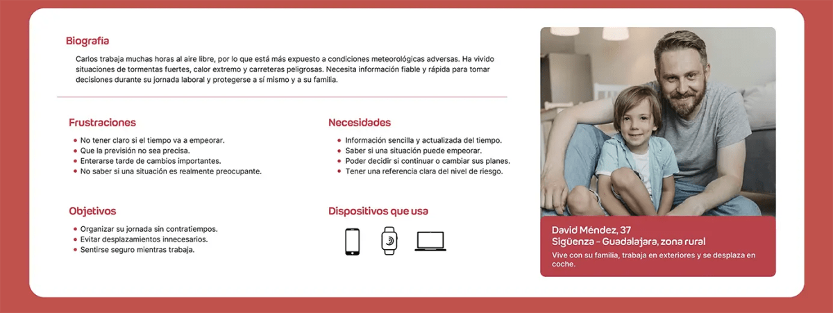 User persona David Méndez (37 años, Sigüenza) del proyecto AlertMap con biografía, frustraciones, necesidades y objetivos, de Patricia Serrano, alumna de UX/UI/Web en TRAZOS