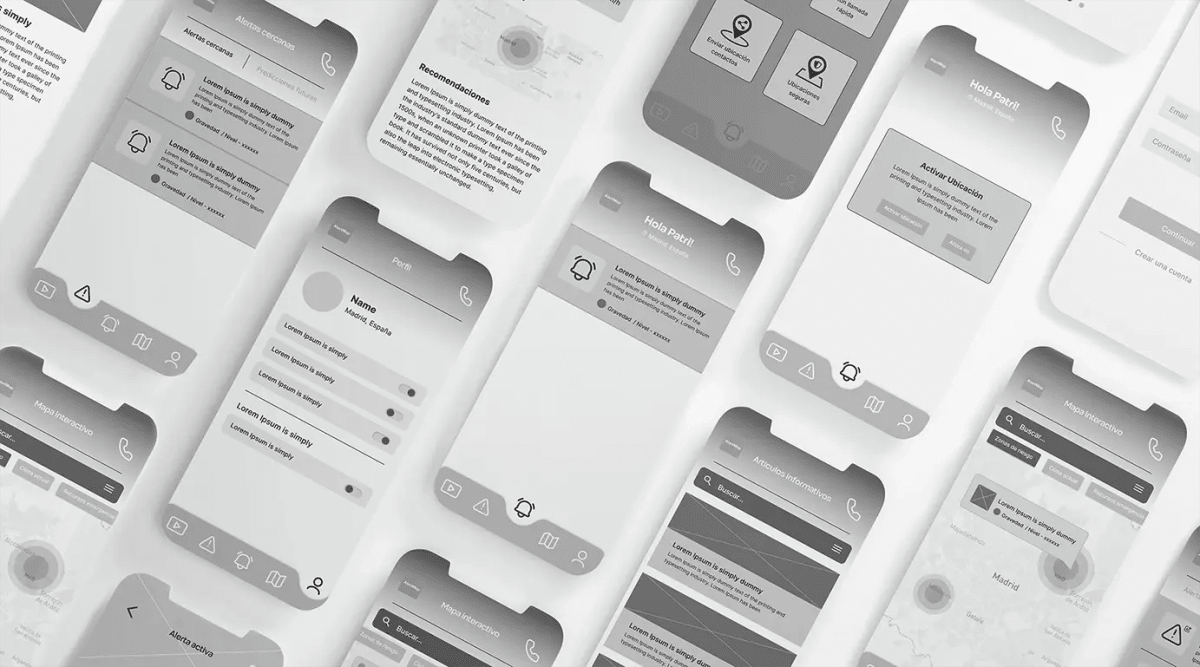 Wireframes en escala de grises de las pantallas de la app AlertMap, de Patricia Serrano, alumna de UX/UI/Web en TRAZOS