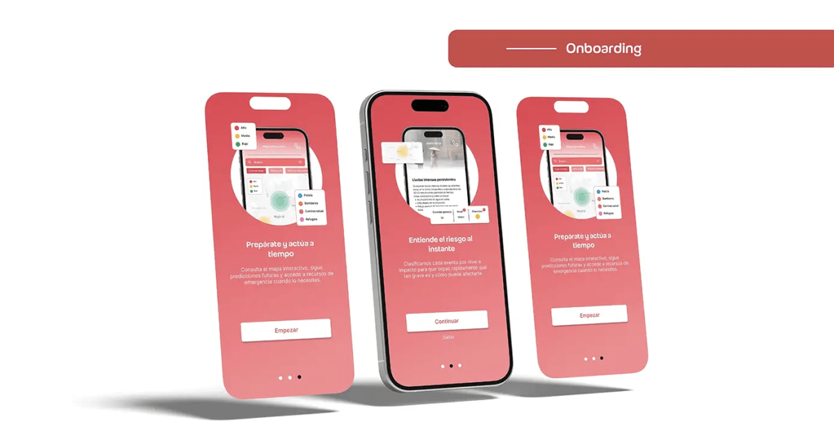 Pantallas de onboarding de AlertMap (prepárate y actúa a tiempo, entiende el riesgo al instante), de Patricia Serrano, alumna de UX/UI/Web en TRAZOS