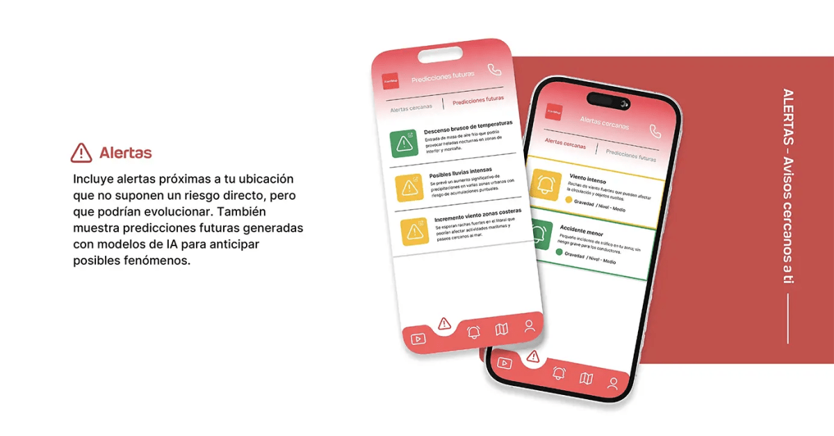 Pantalla de alertas cercanas y predicciones futuras de la app AlertMap con niveles de gravedad por colores, de Patricia Serrano, alumna de UX/UI/Web en TRAZOS
