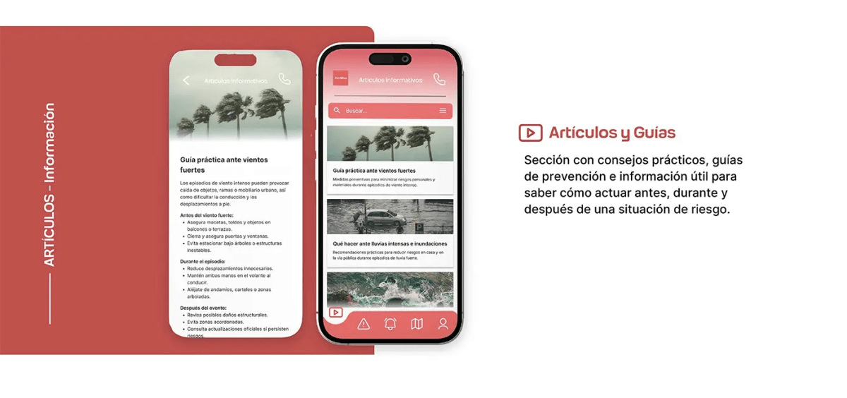 Pantalla de artículos y guías de AlertMap con consejos de prevención ante riesgos meteorológicos, de Patricia Serrano, alumna de UX/UI/Web en TRAZOS