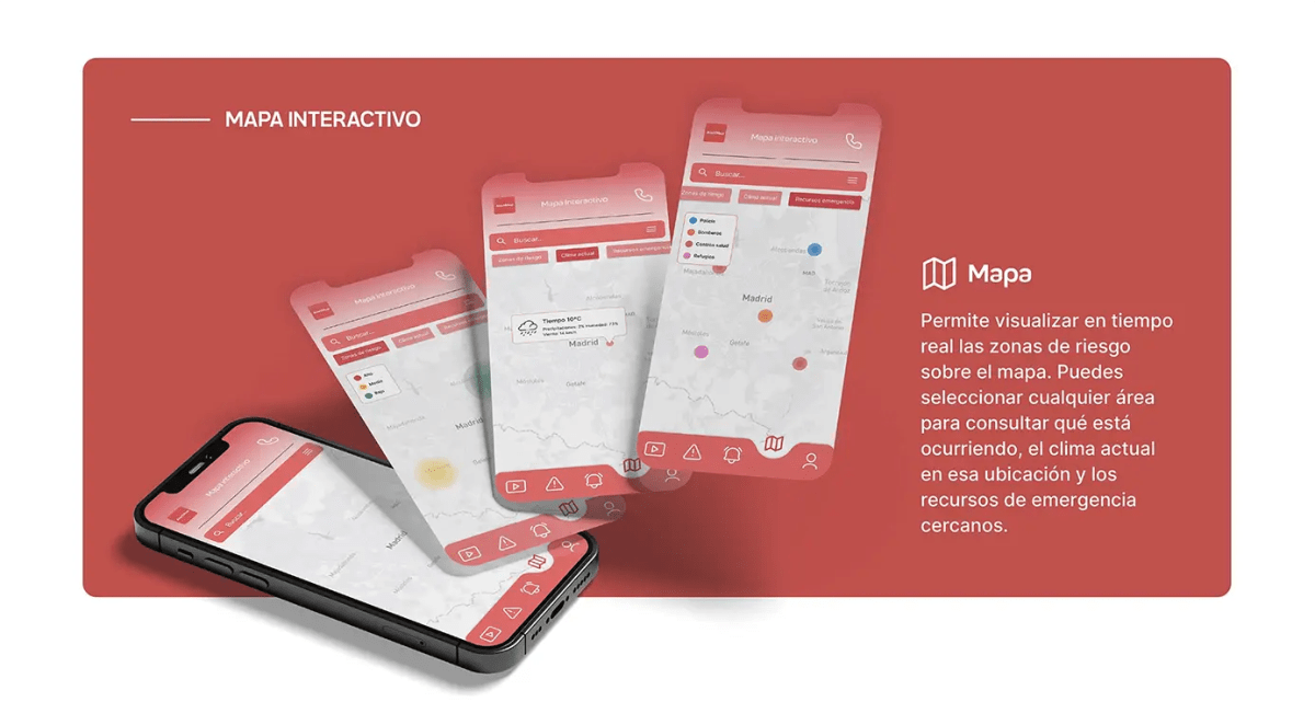 Pantalla de mapa interactivo de AlertMap que muestra zonas de riesgo y recursos de emergencia cercanos, de Patricia Serrano, alumna de UX/UI/Web en TRAZOS