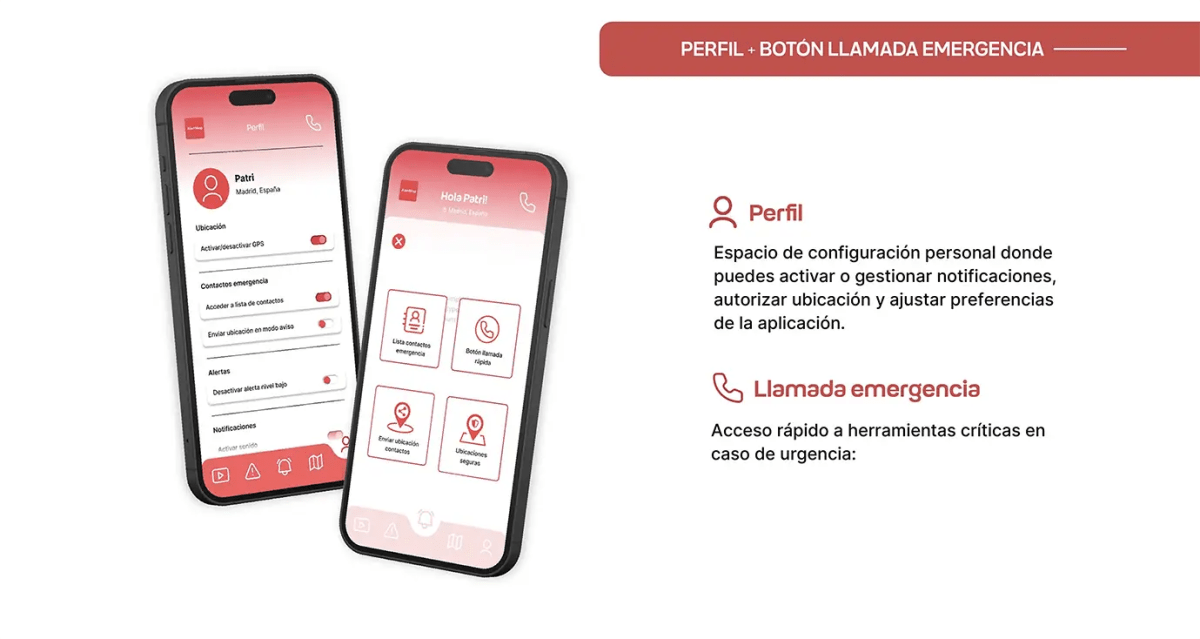 Pantallas de perfil y botón de llamada de emergencia de la app AlertMap, de Patricia Serrano, alumna de UX/UI/Web en TRAZOS