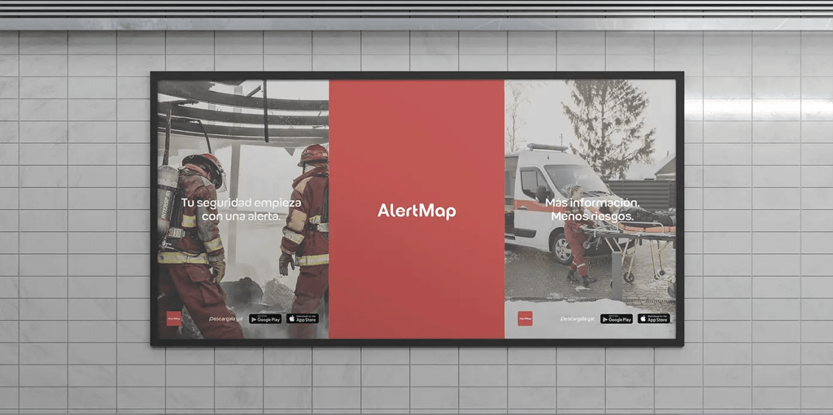 Mockup de cartel publicitario de AlertMap en el metro con el lema tu seguridad empieza con una alerta, de Patricia Serrano, alumna de UX/UI/Web en TRAZOS
