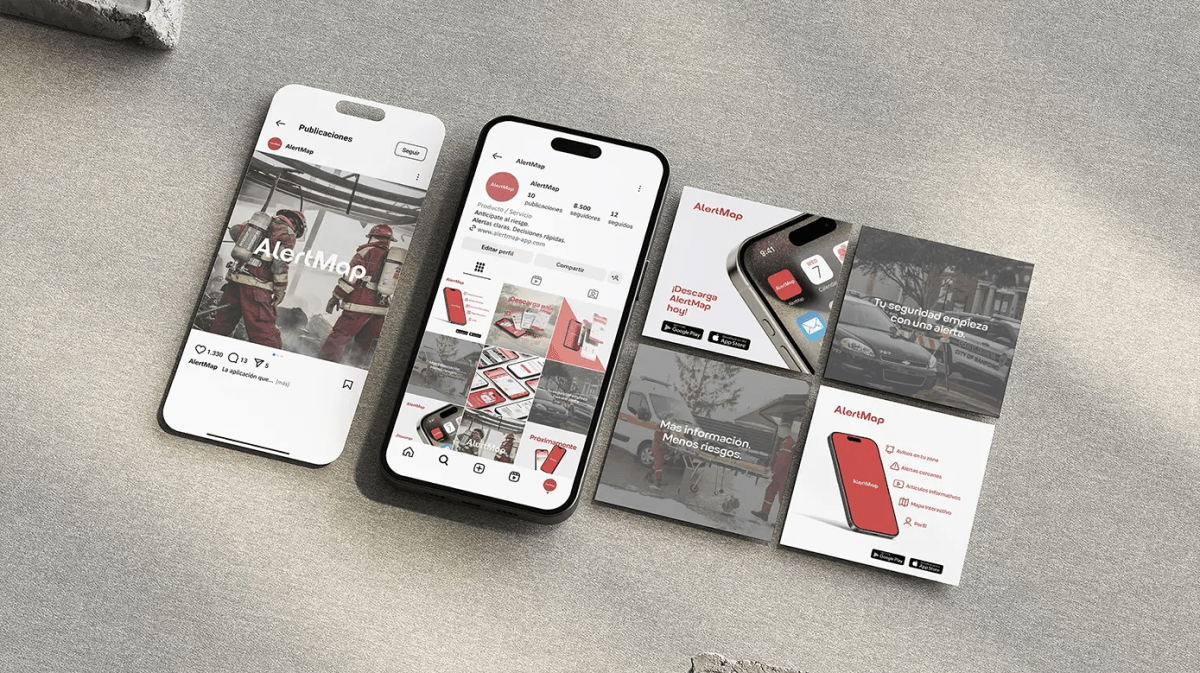 Mockup de la app AlertMap y publicaciones de redes sociales sobre mesa gris, de Patricia Serrano, alumna de UX/UI/Web en TRAZOS
