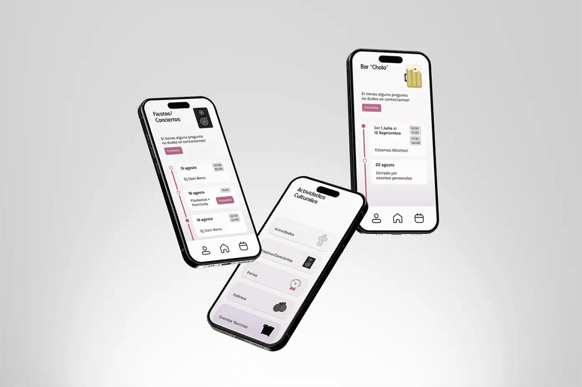 Mockup de las pantallas de fiestas y actividades culturales de la app Pregoneros, de María Díaz de la Iglesia, alumna de UX/UI/Web en TRAZOS