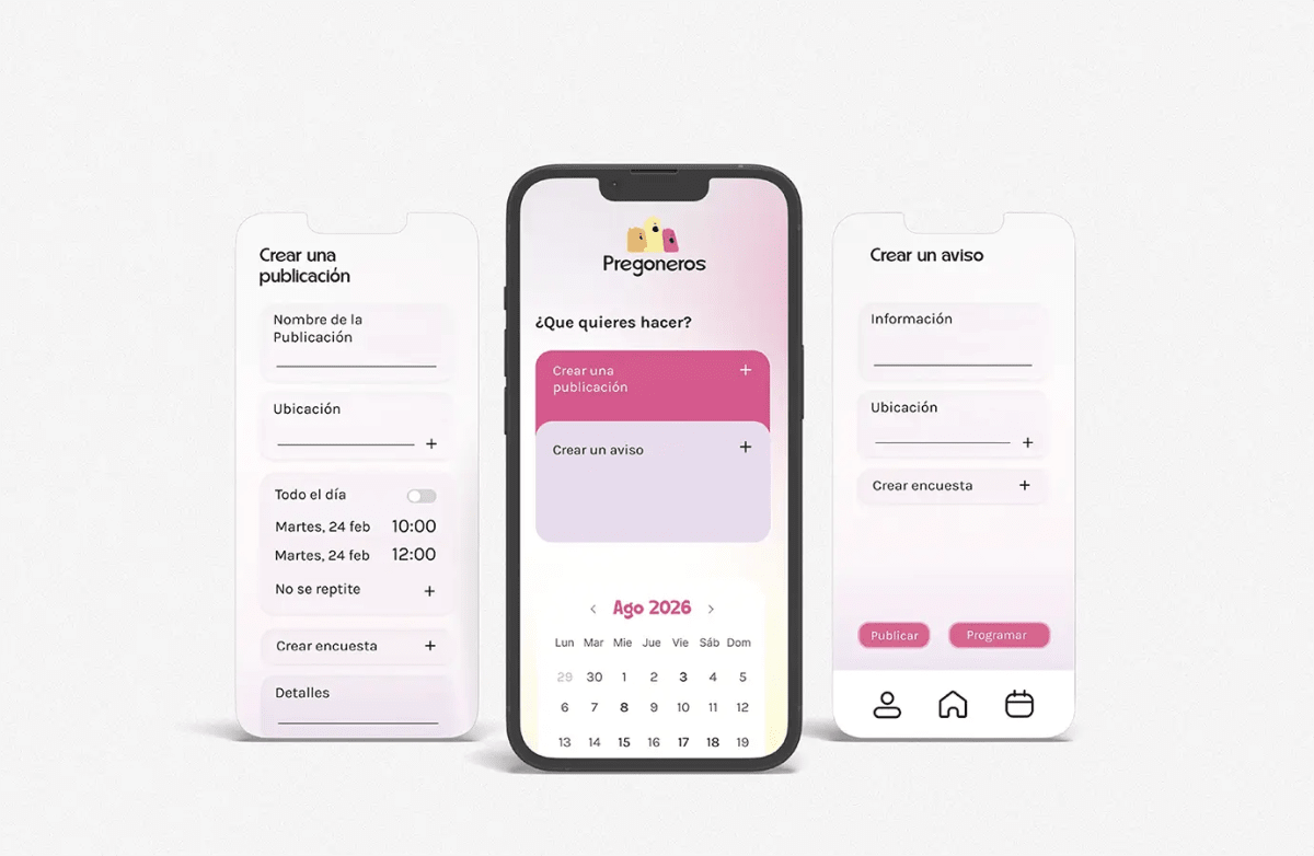 Pantallas para crear una publicación o aviso en la app Pregoneros, de María Díaz de la Iglesia, alumna de UX/UI/Web en TRAZOS