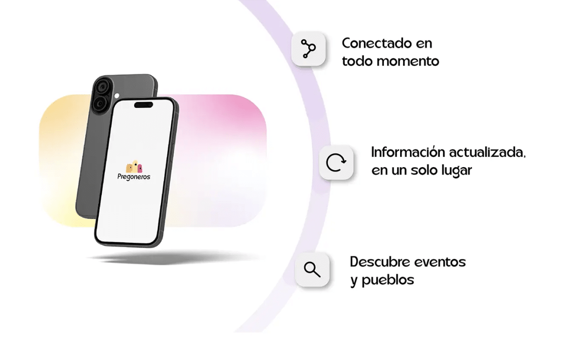 Pantalla de ventajas del onboarding de la app Pregoneros, de María Díaz de la Iglesia, alumna de UX/UI/Web en TRAZOS