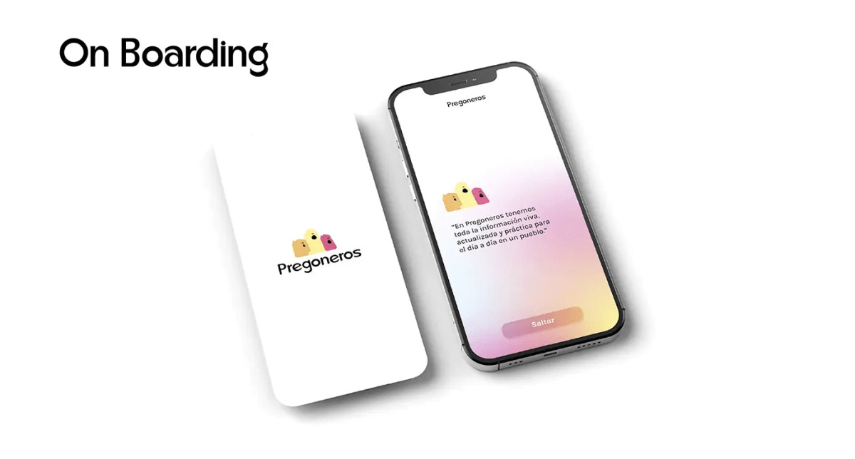 Mockup del onboarding de la app Pregoneros, de María Díaz de la Iglesia, alumna de UX/UI/Web en TRAZOS