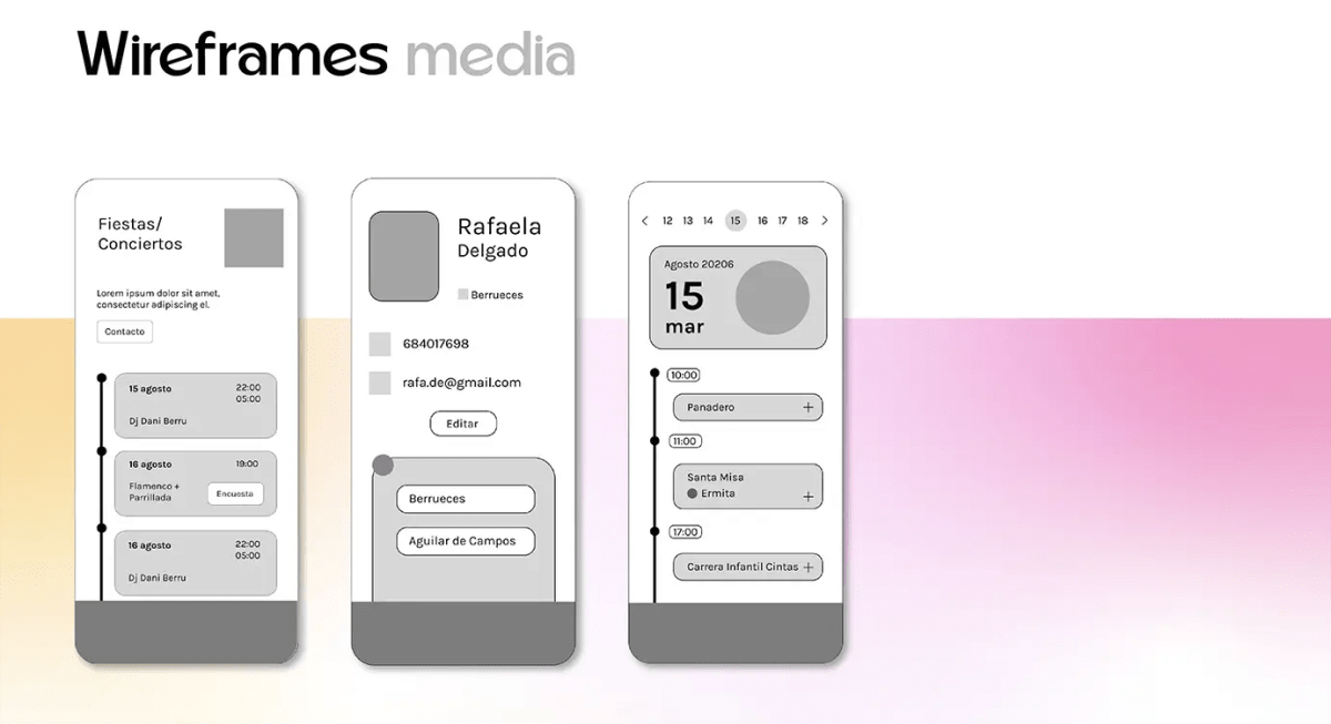 Wireframes de las pantallas de la app Pregoneros, de María Díaz de la Iglesia, alumna de UX/UI/Web en TRAZOS
