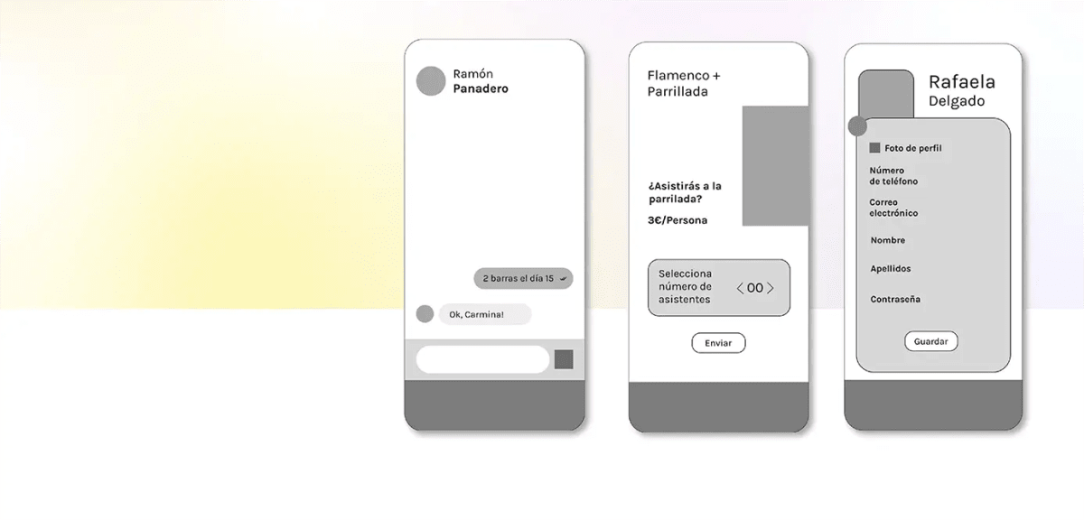 Wireframes de las pantallas de chat y perfil de la app Pregoneros, de María Díaz de la Iglesia, alumna de UX/UI/Web en TRAZOS