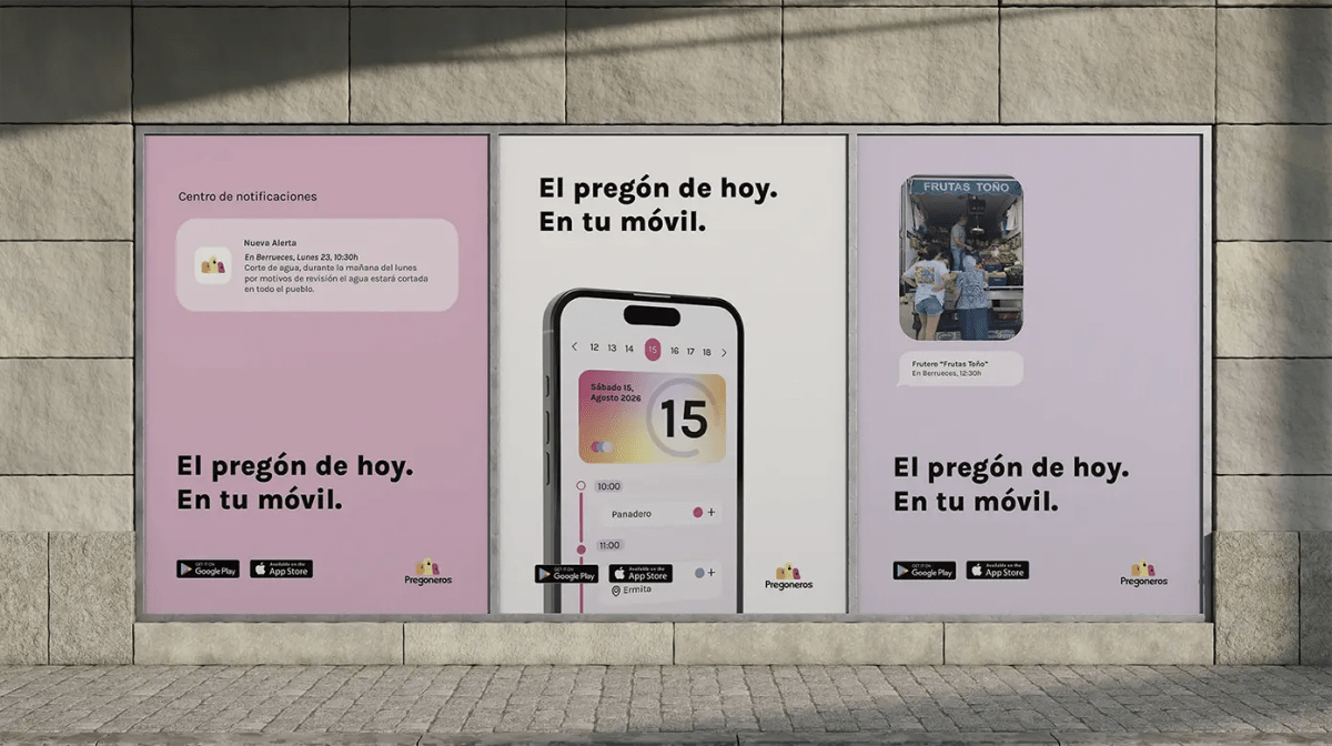 Carteles de la campaña El pregón de hoy de la app Pregoneros en una pared exterior, de María Díaz de la Iglesia, alumna de UX/UI/Web en TRAZOS