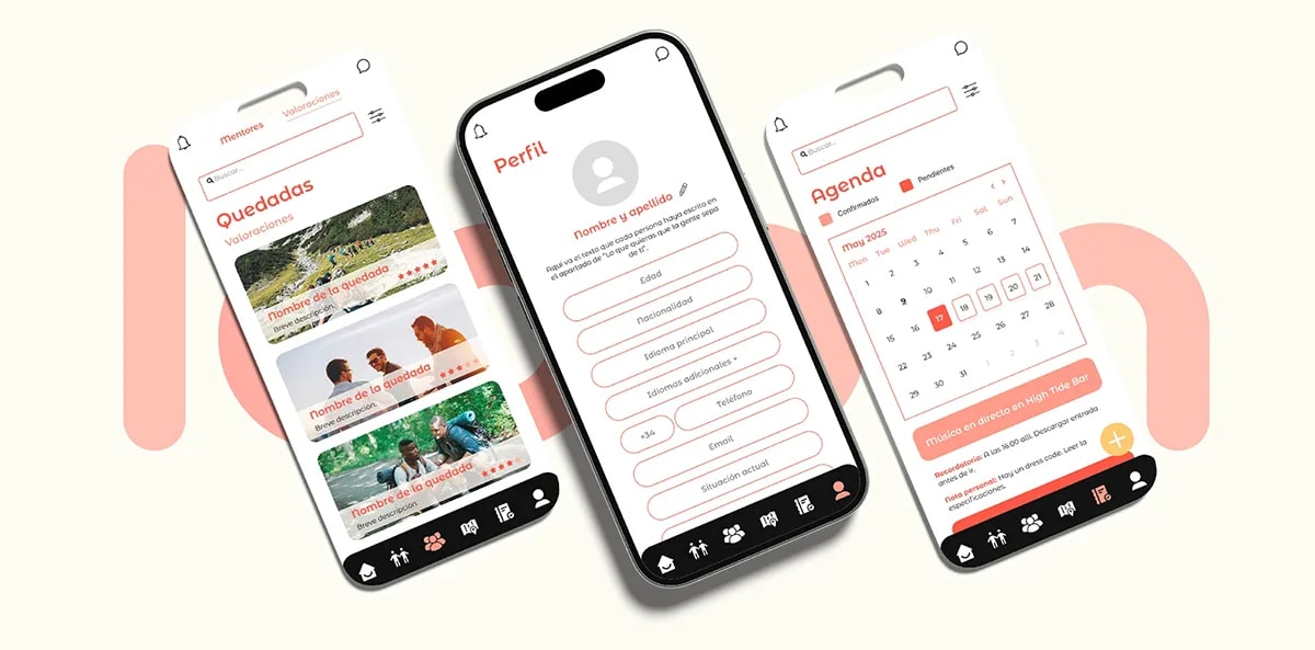 Wireframes de las pantallas de quedadas, perfil y agenda de la app Loopin, de Maren Alberdi Hernández, alumna de UX/UI/Web en TRAZOS