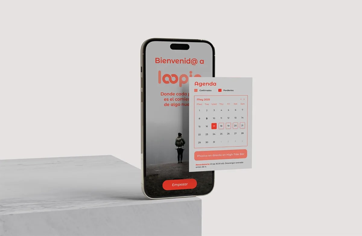 Pantalla de bienvenida y componente de agenda de la app Loopin, de Maren Alberdi Hernández, alumna de UX/UI/Web en TRAZOS