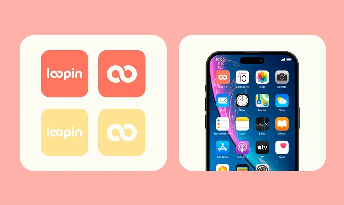 Variaciones del icono de la app Loopin y vista de la pantalla de inicio del móvil, de Maren Alberdi Hernández, alumna de UX/UI/Web en TRAZOS
