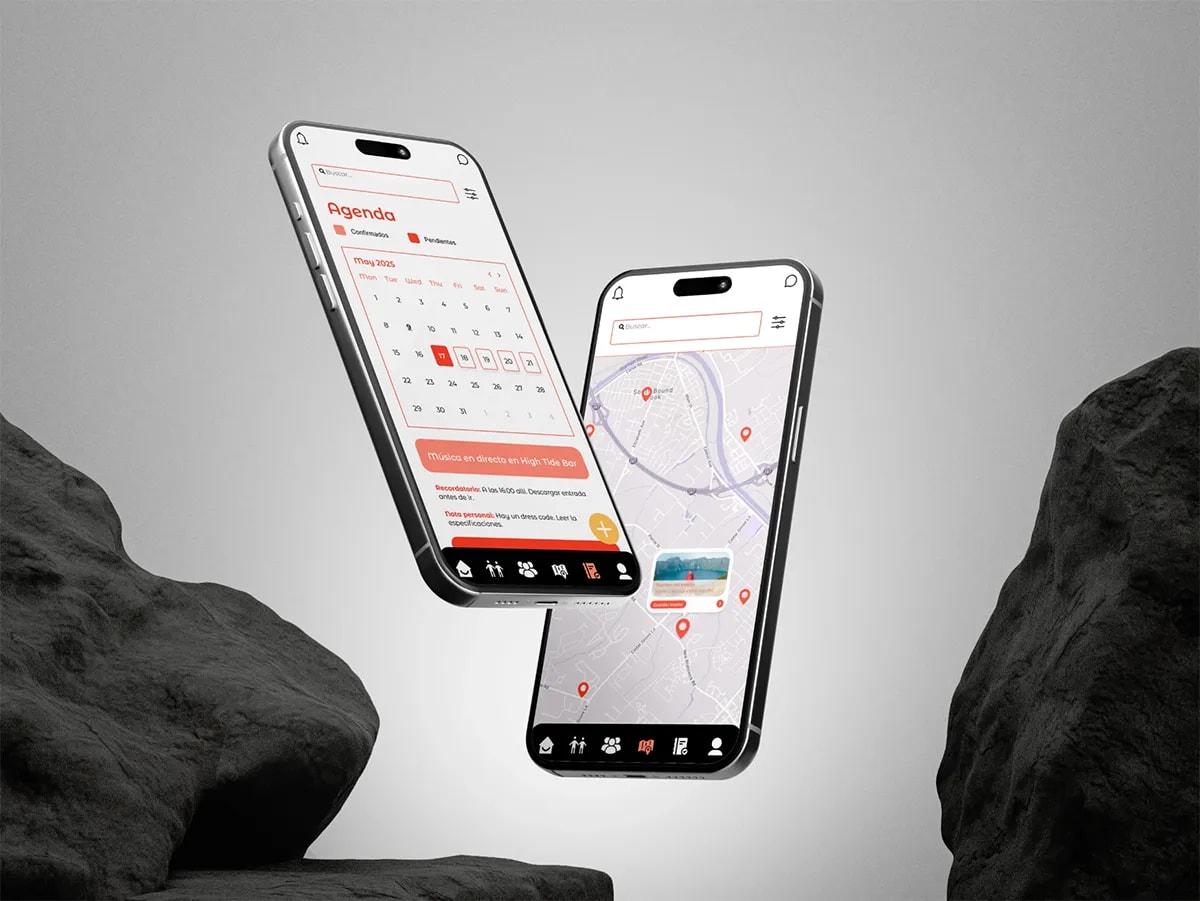Mockup de las pantallas de agenda y mapa de la app Loopin, de Maren Alberdi Hernández, alumna de UX/UI/Web en TRAZOS