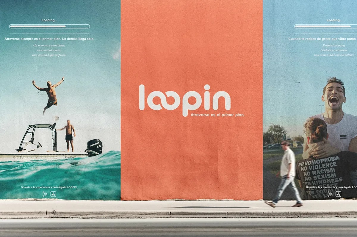 Cartel de la campaña de la app Loopin en una pared exterior, de Maren Alberdi Hernández, alumna de UX/UI/Web en TRAZOS