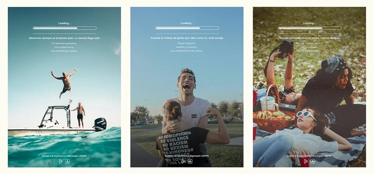 Serie de carteles de la campaña publicitaria de la app Loopin, de Maren Alberdi Hernández, alumna de UX/UI/Web en TRAZOS