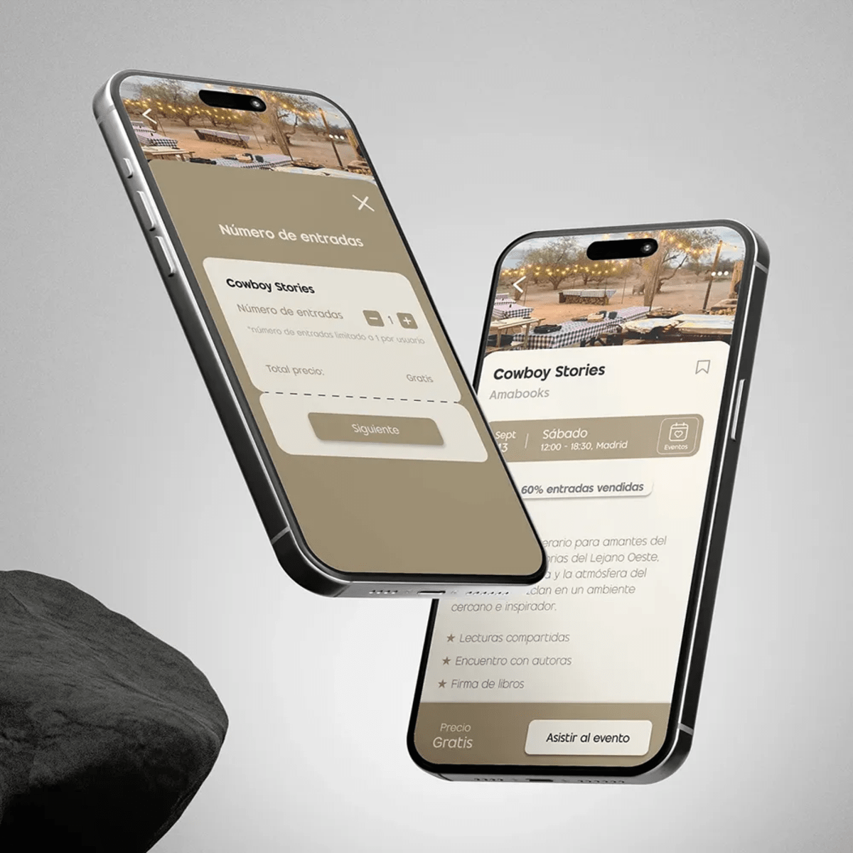 Mockup de dos móviles con la pantalla de detalle y compra de entradas del evento Cowboy Stories en Bookevents, de Patricia Serrano, alumna de UX/UI/Web en TRAZOS