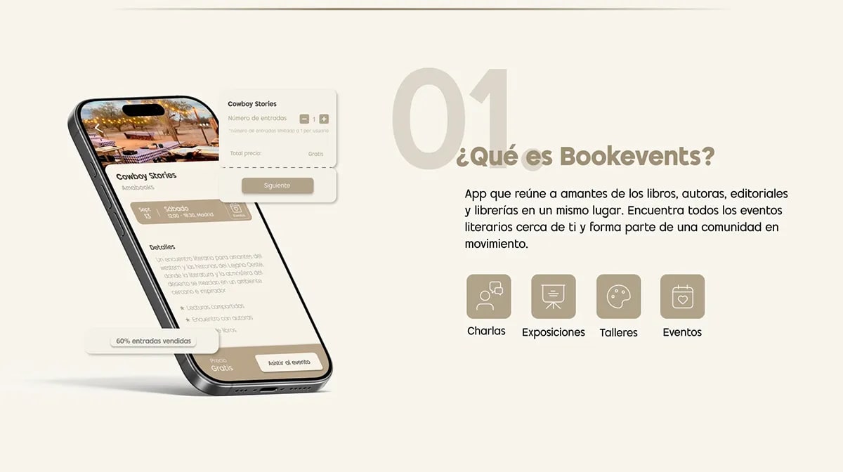 Diapositiva 01 que es Bookevents con descripción de la app y categorías de charlas, exposiciones, talleres y eventos, de Patricia Serrano, alumna de UX/UI/Web en TRAZOS