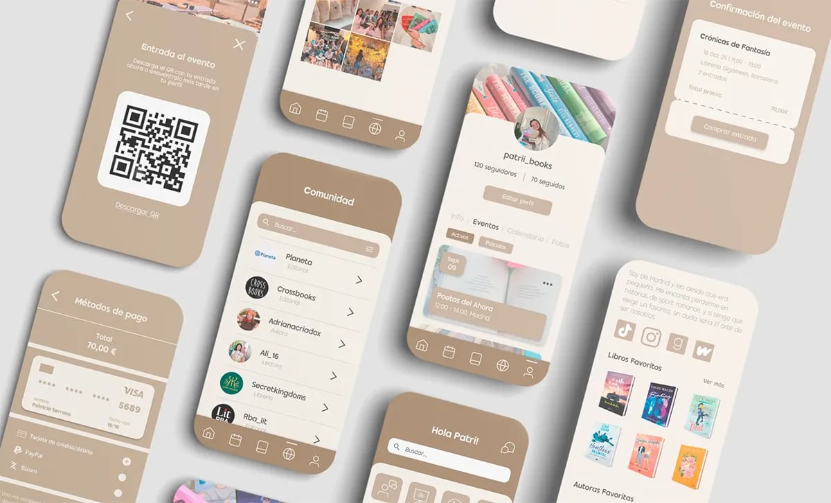 Pantallas de entrada con QR, comunidad, perfil y métodos de pago de la app Bookevents, de Patricia Serrano, alumna de UX/UI/Web en TRAZOS