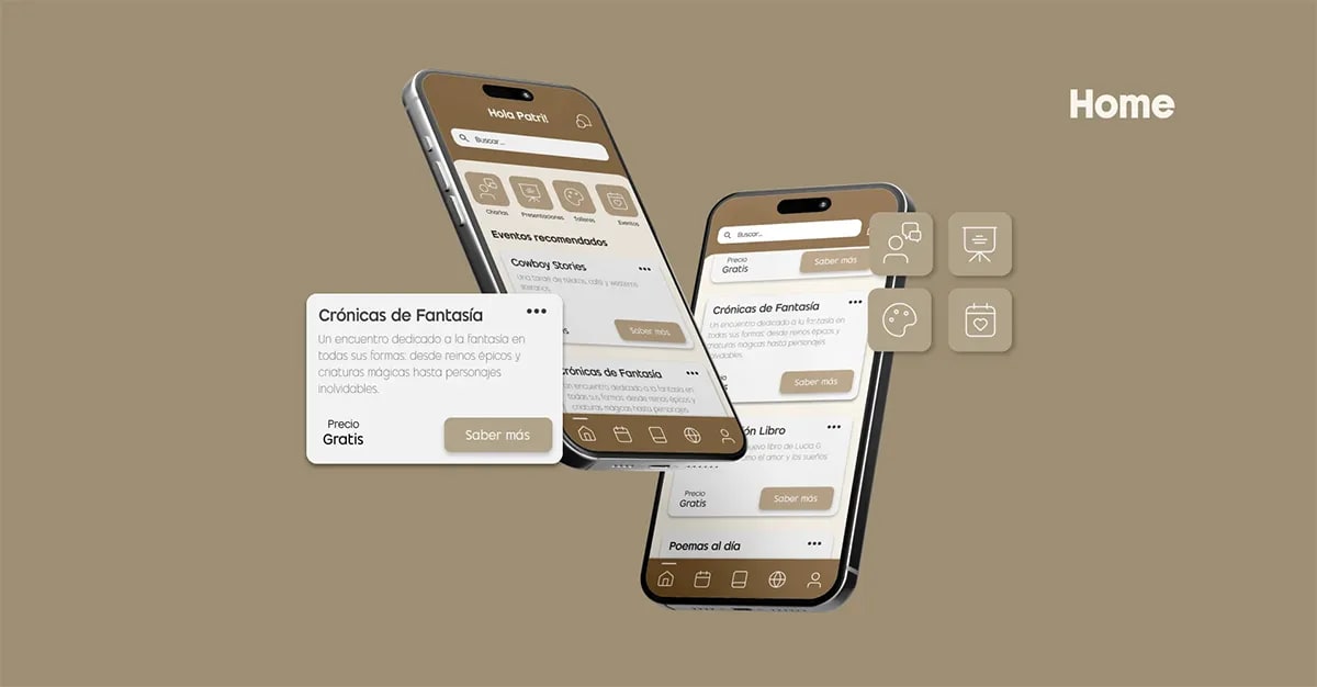Pantalla home de Bookevents con eventos recomendados y tarjeta Crónicas de Fantasía en perspectiva, de Patricia Serrano, alumna de UX/UI/Web en TRAZOS