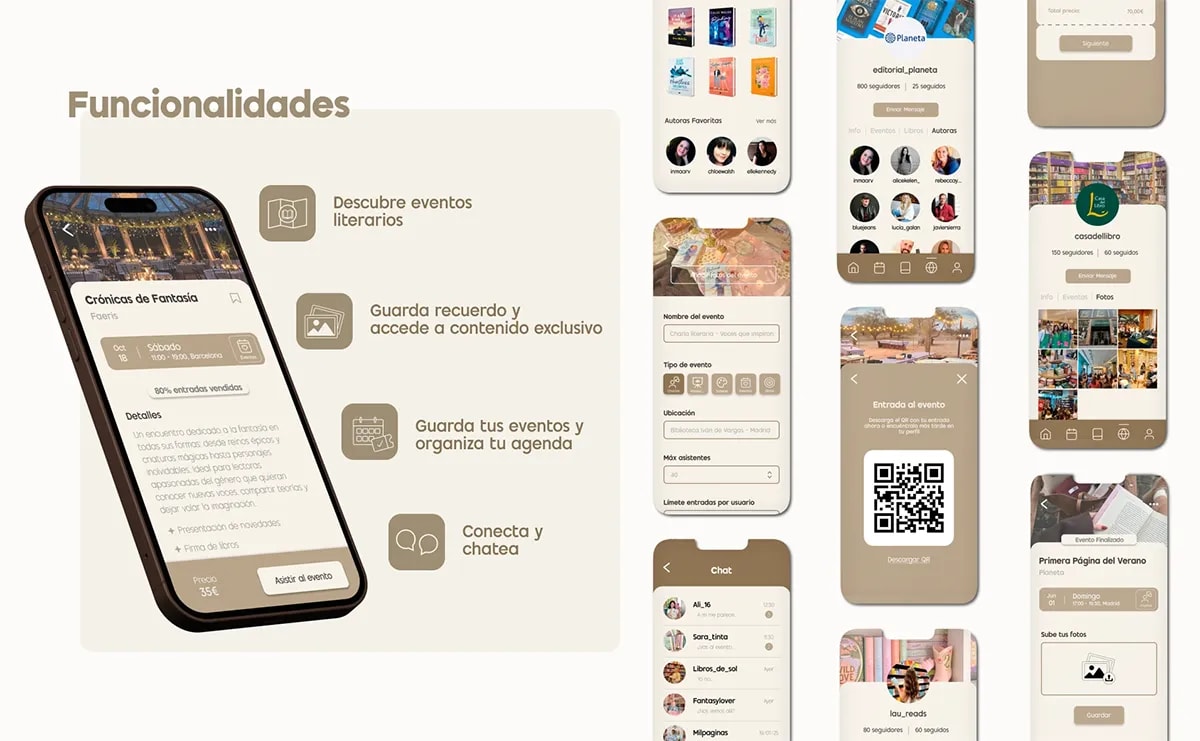 Diapositiva de funcionalidades de Bookevents con galería de pantallas de evento, perfiles y chat, de Patricia Serrano, alumna de UX/UI/Web en TRAZOS