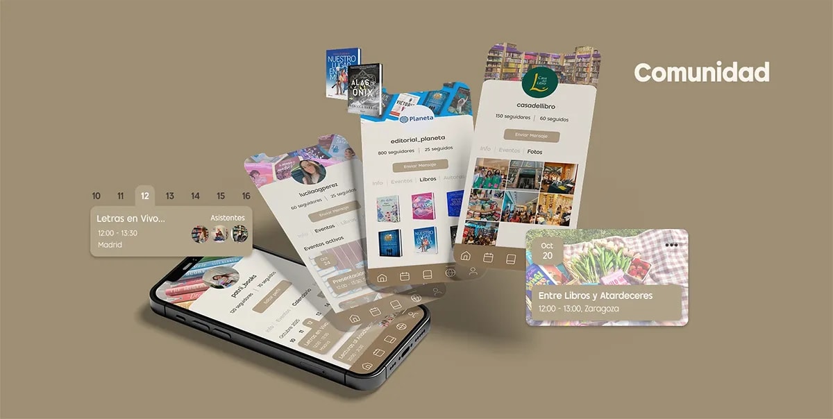Diapositiva de comunidad de Bookevents con perfiles de editorial, autora y librería y calendario de eventos, de Patricia Serrano, alumna de UX/UI/Web en TRAZOS