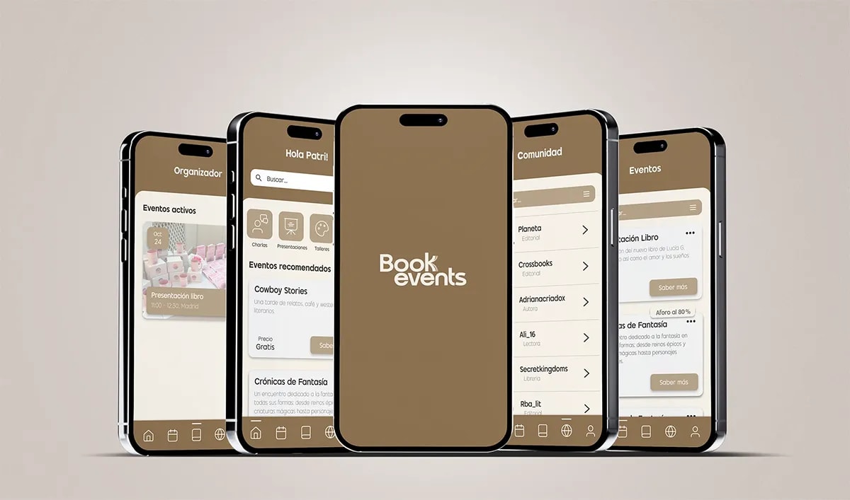 Mockup de cinco móviles con pantallas de Bookevents y la pantalla de marca centrada, de Patricia Serrano, alumna de UX/UI/Web en TRAZOS