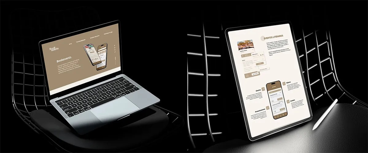 Mockup de la landing web de Bookevents en portátil y la versión en tablet sobre silla negra, de Patricia Serrano, alumna de UX/UI/Web en TRAZOS