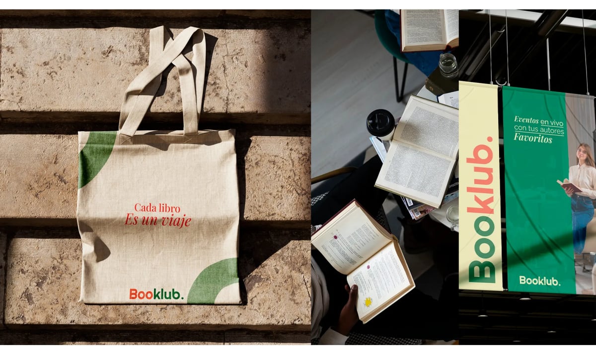 Aplicaciones de merchandising de la app Booklub como bolsa de tela y cartel, de María José Labarca, alumna de UX/UI/Web en TRAZOS
