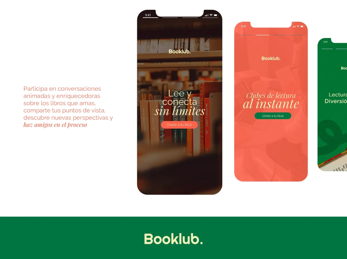 Mockup de las pantallas de onboarding de la app Booklub, de María José Labarca, alumna de UX/UI/Web en TRAZOS