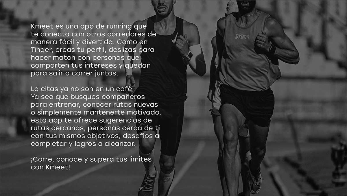 Presentación de la app Kmeet para conectar corredores con texto sobre fondo negro, de Josefina Córdoba, alumna de UX/UI/Web en TRAZOS