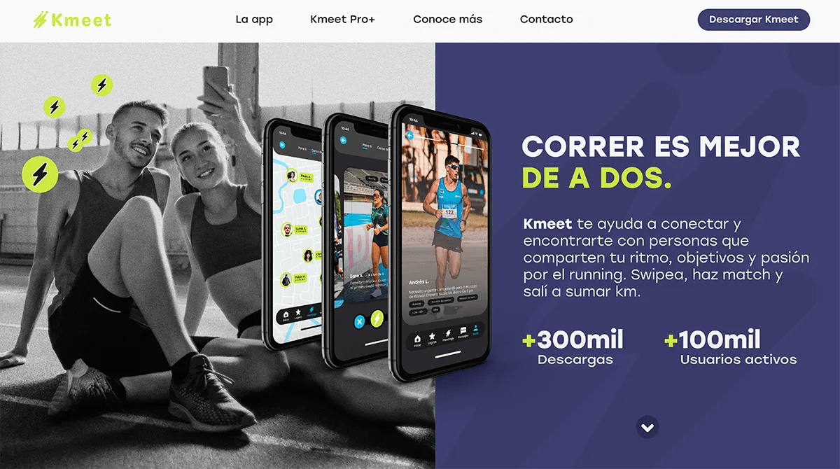 Cabecera de la web de Kmeet con el lema correr es mejor de a dos y cifras de descargas, de Josefina Córdoba, alumna de UX/UI/Web en TRAZOS