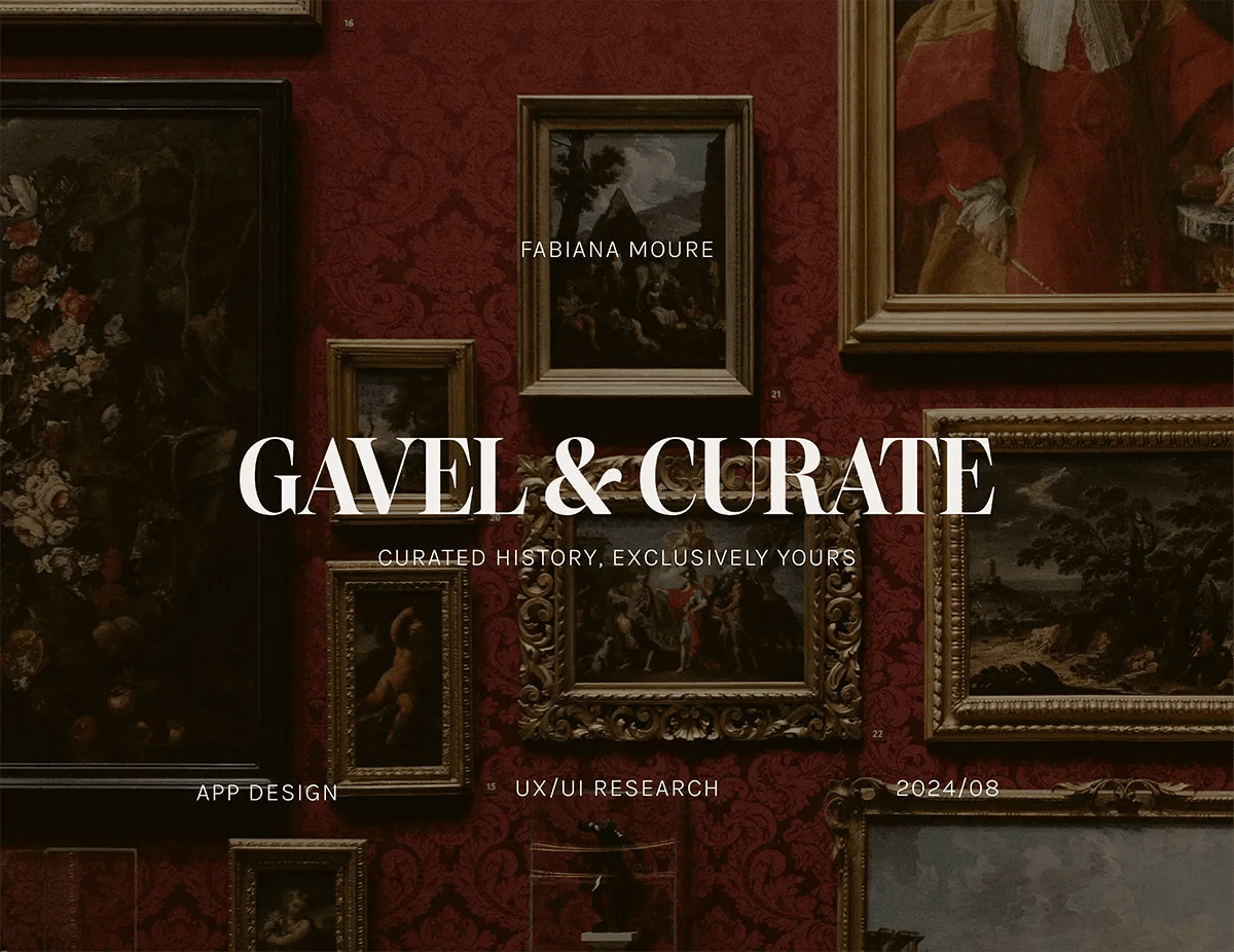 Portada del proyecto Gavel & Curate sobre una pared roja de galería con cuadros clásicos, de Fabiana Moure, alumna de UX/UI/Web en TRAZOS