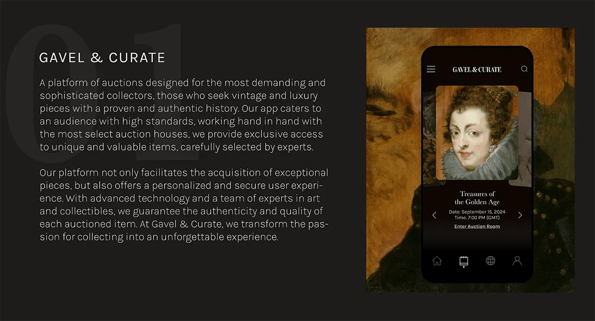 Presentación de Gavel & Curate, plataforma de subastas para coleccionistas, con pantalla de subasta, de Fabiana Moure, alumna de UX/UI/Web en TRAZOS