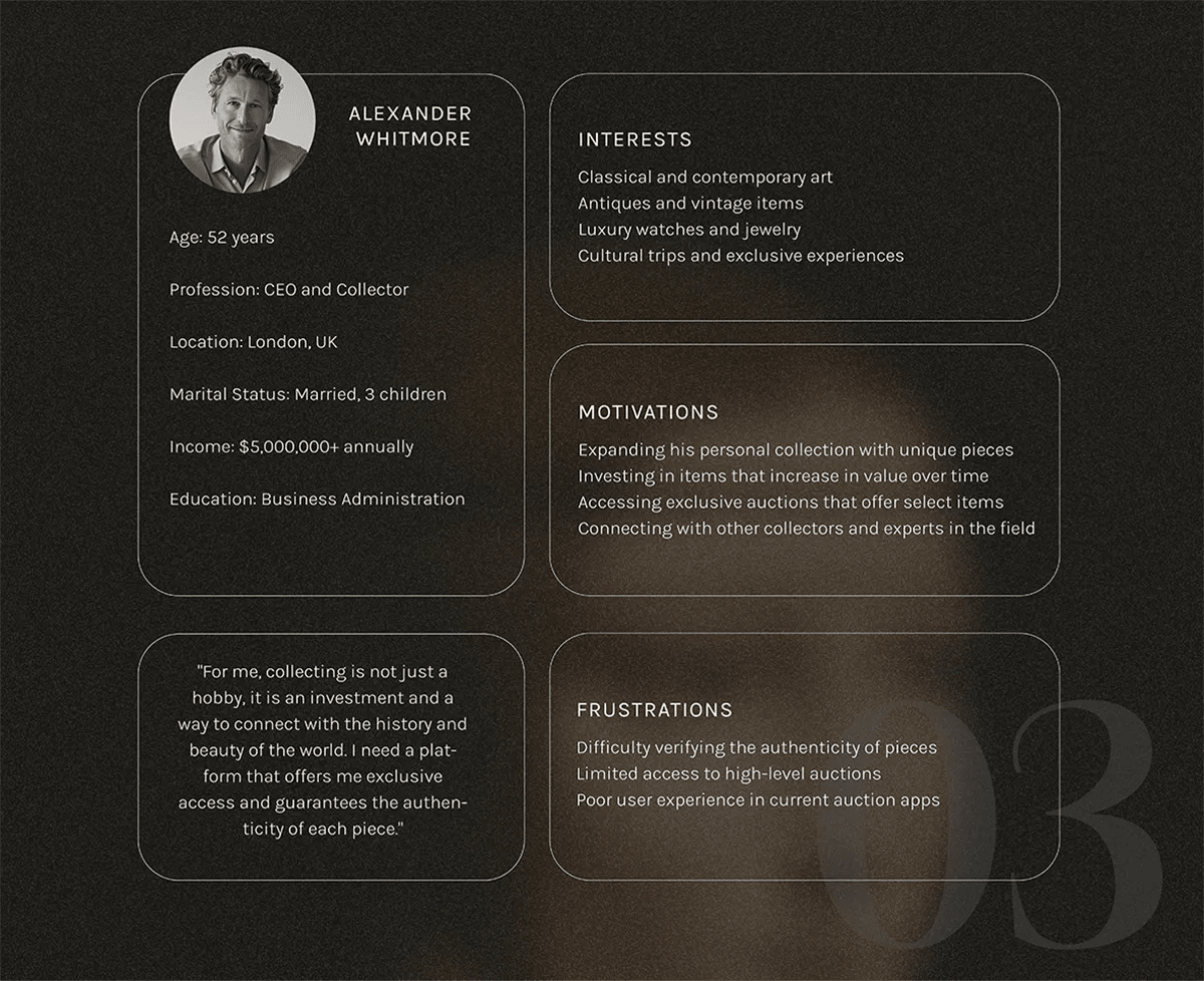 Ficha de persona Alexander Whitmore para la app de subastas Gavel & Curate, de Fabiana Moure, alumna de UX/UI/Web en TRAZOS