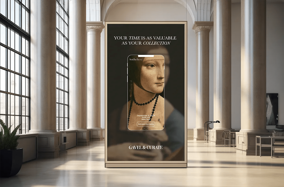 Cartel de Gavel & Curate en un museo con la dama del armiño y el lema your time is as valuable as your collection, de Fabiana Moure, alumna de UX/UI/Web en TRAZOS