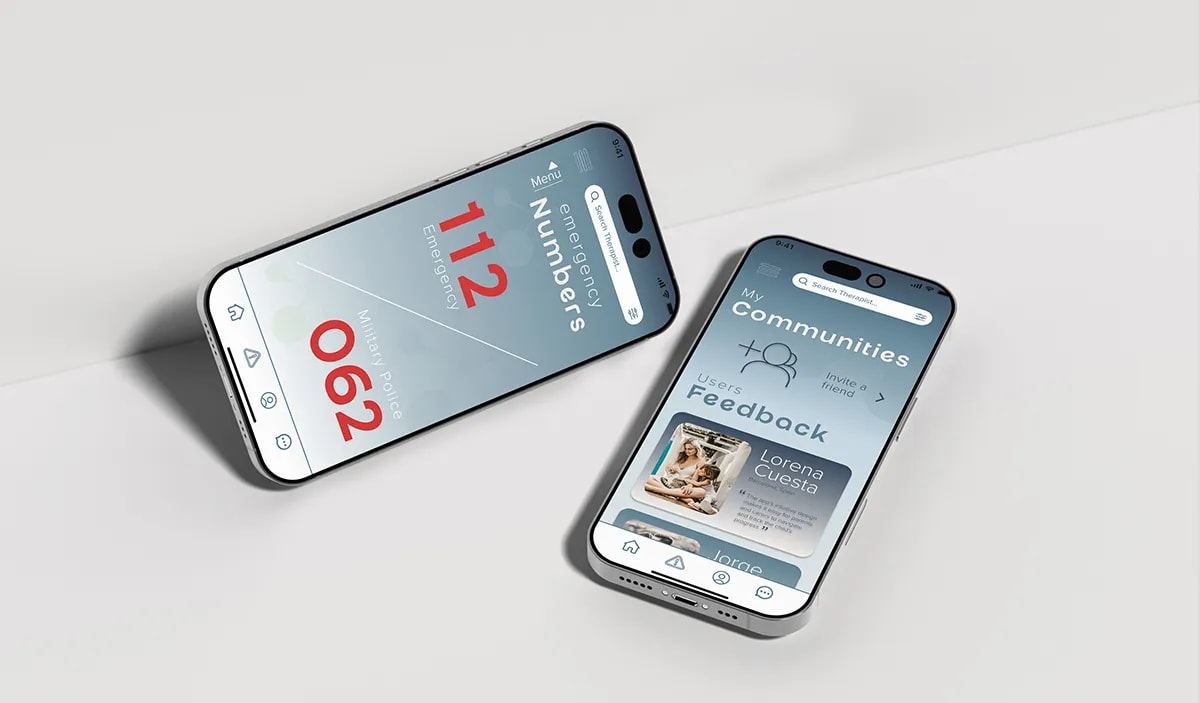 Pantallas de números y botón de emergencia de la app Neuro Kids, de Diana Barrero, alumna de UX/UI/Web en TRAZOS