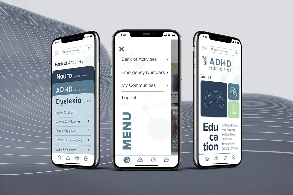 Pantallas de números de emergencia y comunidades con feedback de usuarios de la app Neuro Kids, de Diana Barrero, alumna de UX/UI/Web en TRAZOS