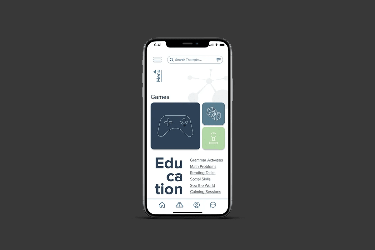 Tres móviles con el banco de actividades, el menú y la sección de educación de la app Neuro Kids, de Diana Barrero, alumna de UX/UI/Web en TRAZOS