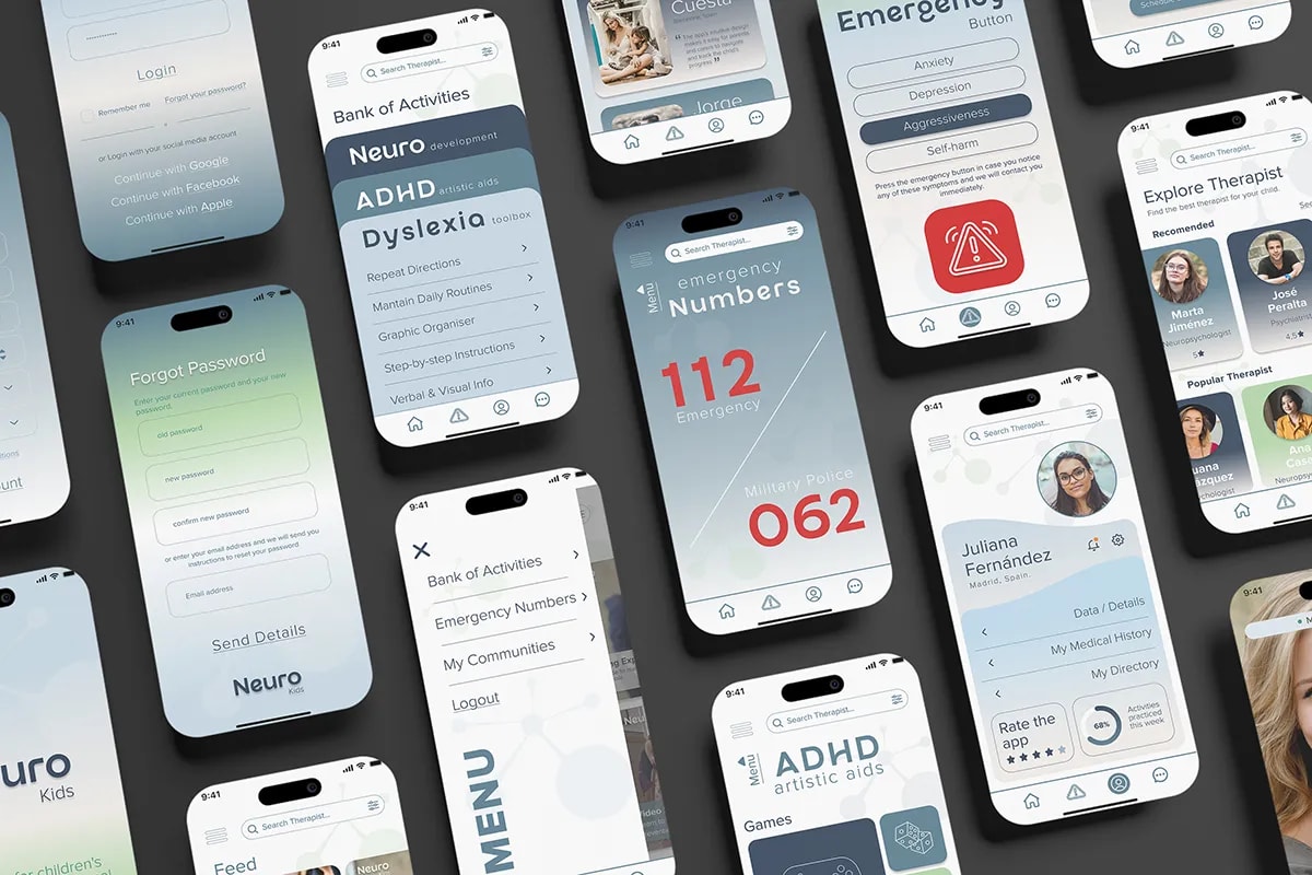 Pantalla de educación con juegos y actividades de la app Neuro Kids, de Diana Barrero, alumna de UX/UI/Web en TRAZOS