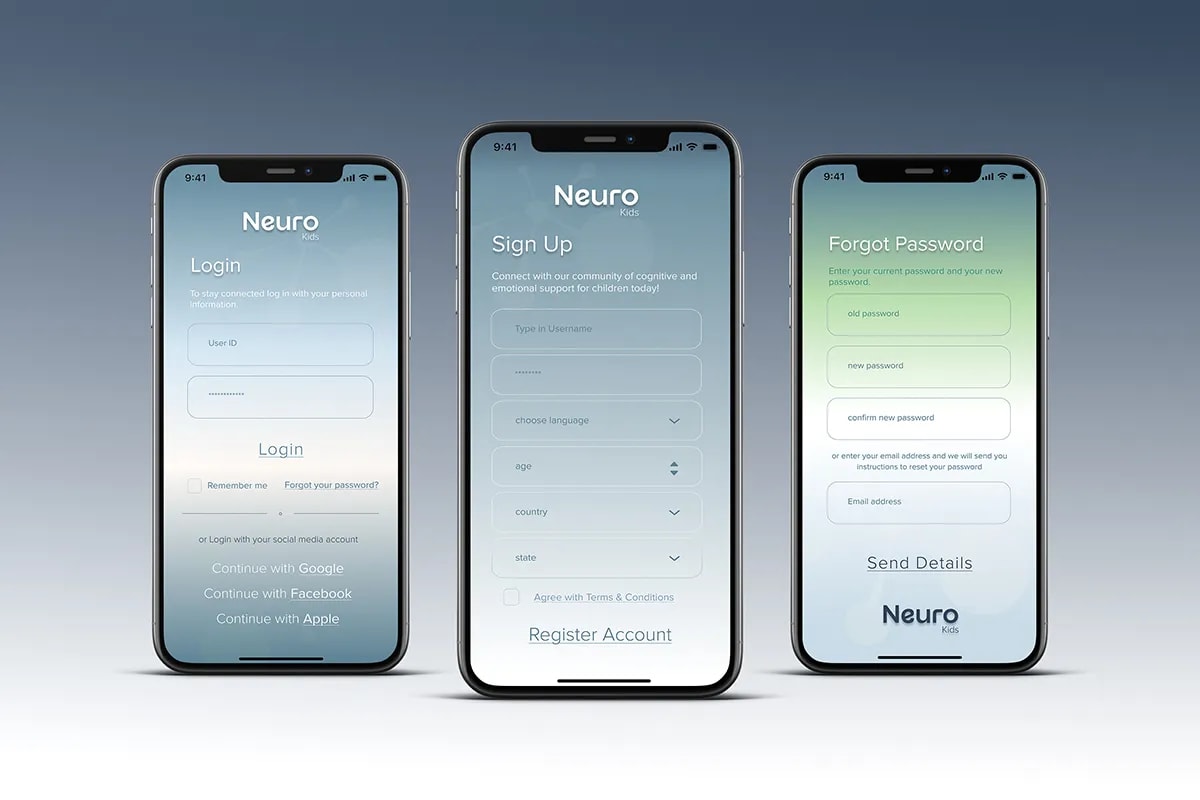 Pantalla de menú con banco de actividades, números de emergencia y comunidades de la app Neuro Kids, de Diana Barrero, alumna de UX/UI/Web en TRAZOS