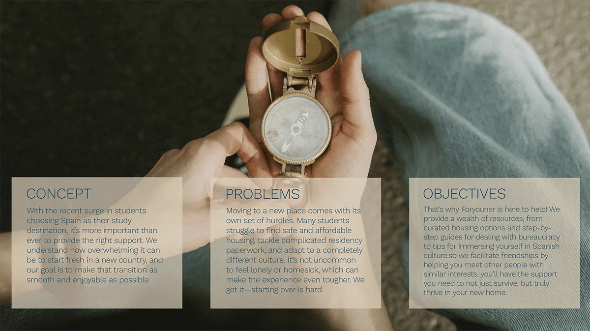 Bloques de concepto, problemas y objetivos del proyecto Foryouner sobre imagen de manos con brújula, de Nour Chammakhi, alumna de UX/UI/Web en TRAZOS